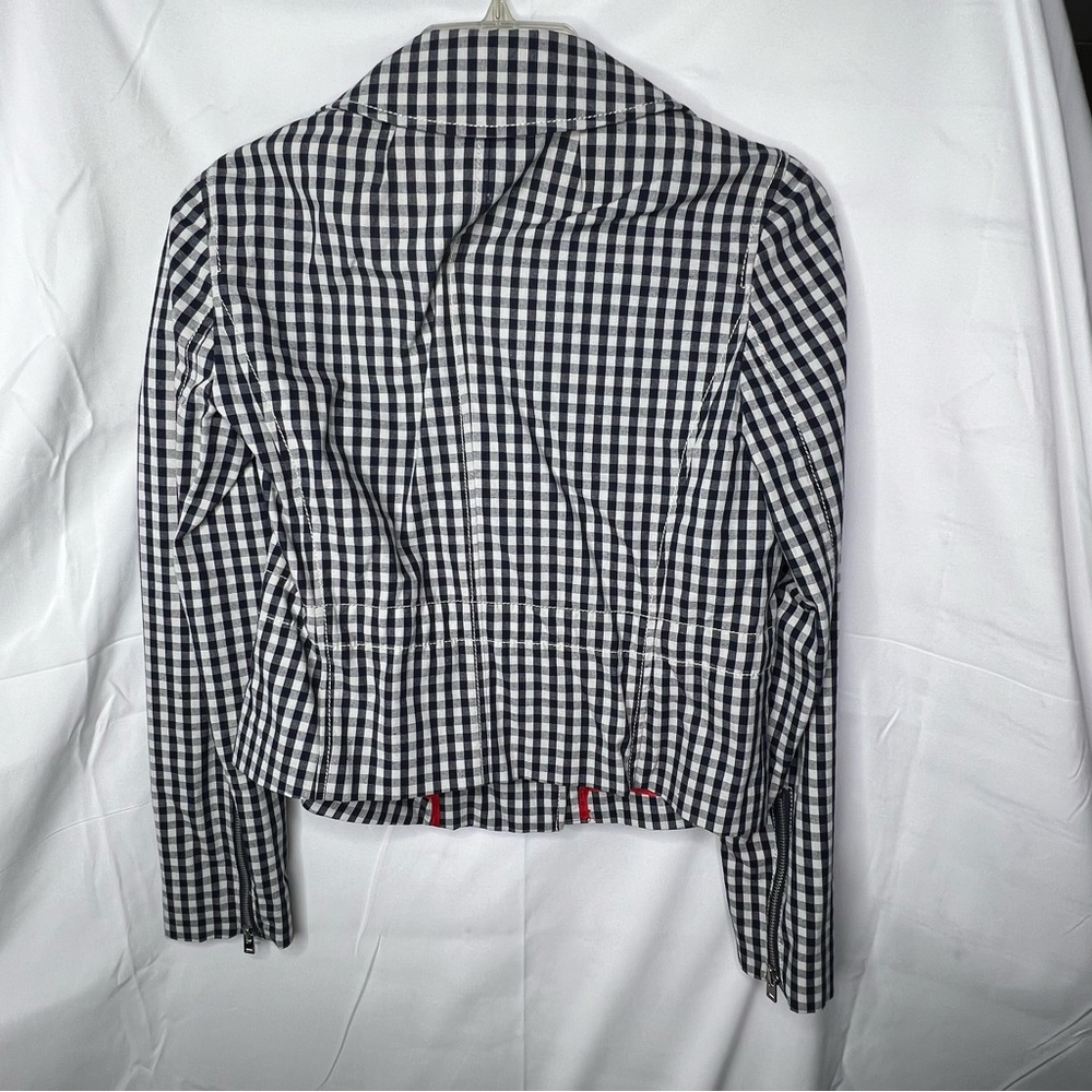 J. CREW Womens MOTORCYCLE JACKET Blue White Gingham SIZE 4 Zipper Front NWT - Picture 3 of 9